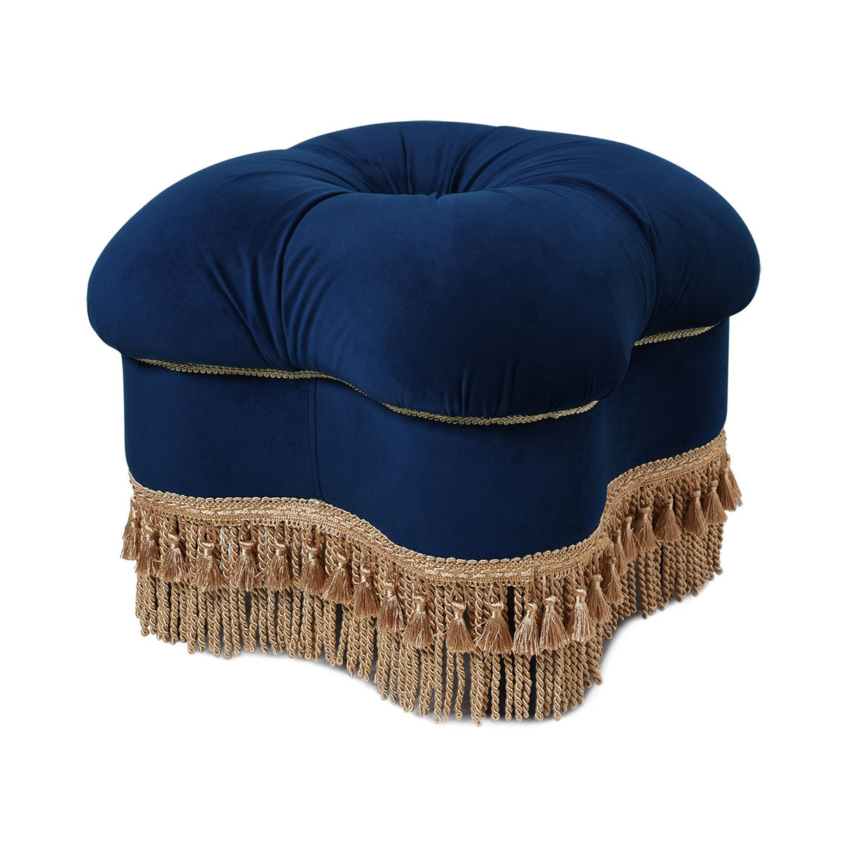 Ellen - Upholstered Clover Ottoman With Gold Bullion Fringe - Navy Blue by Couch.com