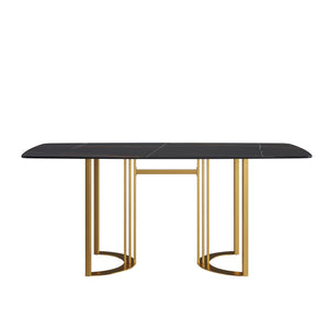 70.87" Modern Artificial Stone Black Curved Metal Leg Dining Table, Can Accommodate 6-8 People - Black / Gold by Couch.com