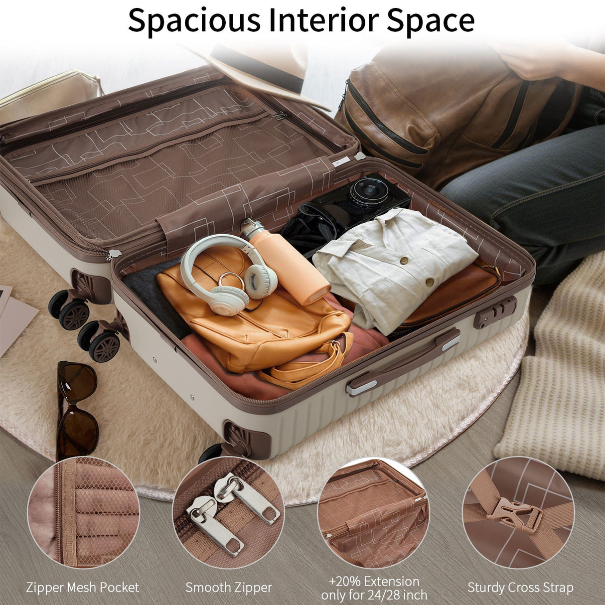The 4 Piece Luggage Suitcase Set features an open suitcase with neat packing: a brown leather pouch, headphones, camera lens, and folded clothes. The lid has a mesh zippered pocket. Insets highlight the zipper mesh pocket, smooth zippers, extension capability, and cross strap.