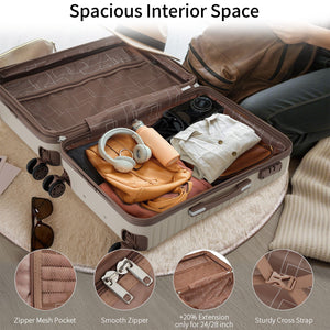 The 4 Piece Luggage Suitcase Set features an open suitcase with neat packing: a brown leather pouch, headphones, camera lens, and folded clothes. The lid has a mesh zippered pocket. Insets highlight the zipper mesh pocket, smooth zippers, extension capability, and cross strap.