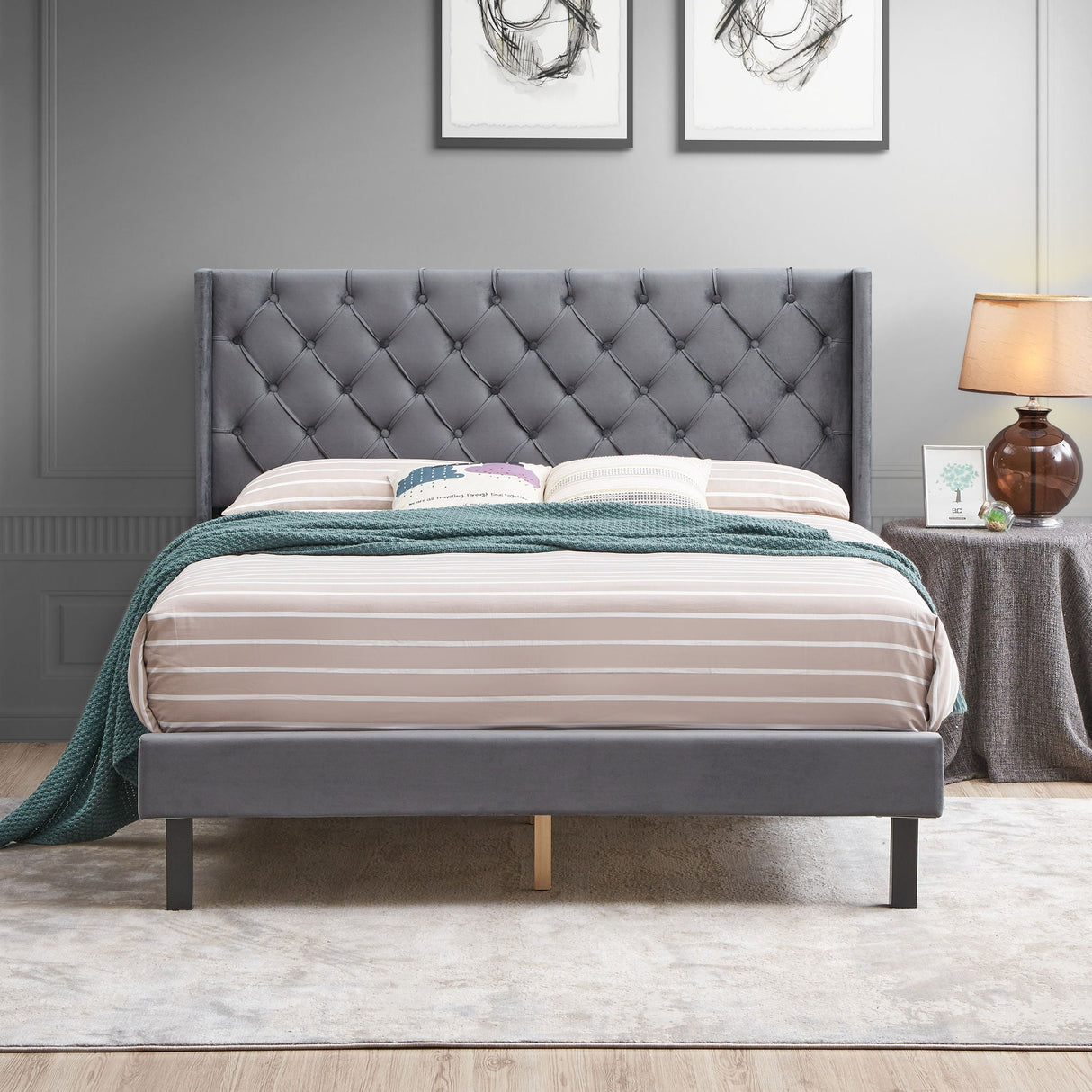 Queen Platform Tufted Upholstered Bed With Wings Design, Strong Wood Slat Support - Gray by Couch.com