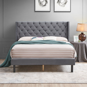 Queen Platform Tufted Upholstered Bed With Wings Design, Strong Wood Slat Support - Gray by Couch.com