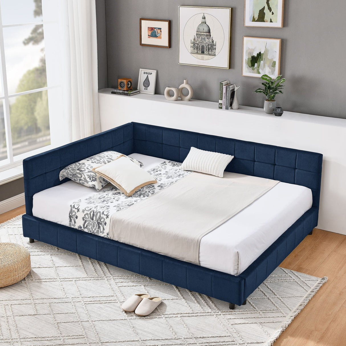 Mid-Century Storage Upholstered Tufted Bed Frame with Backrest and Armrests