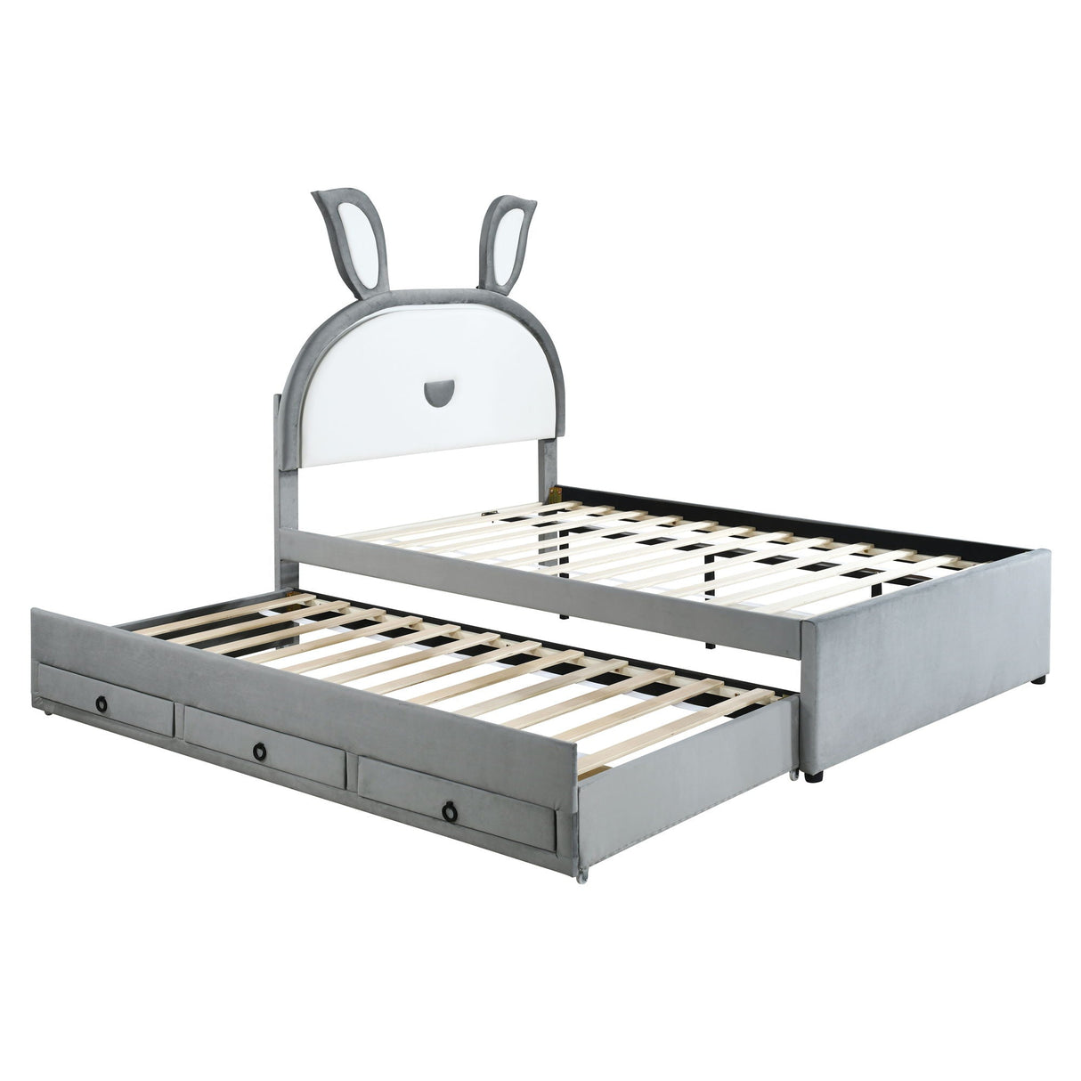 Upholstered Platform Bed With Trundle And 3 Drawers, Rabbit-Shaped Headboard With Embedded LED Lights by Couch.com