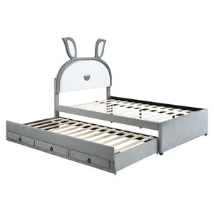 Upholstered Platform Bed With Trundle And 3 Drawers, Rabbit-Shaped Headboard With Embedded LED Lights by Couch.com