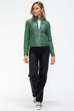 Women Classic Snobbish Faux Leather Zip-Up Drawstring Hooded Jacket Edgy & Casual PU Leather Jacket For Streetwear