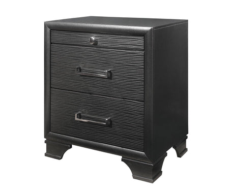 The Civic nightstand is black with two wooden drawers, featuring carved accents and sleek metallic handles. A round knob adorns the top drawer, while a rectangular handle graces the bottom one. It stands on decorative bracket feet.