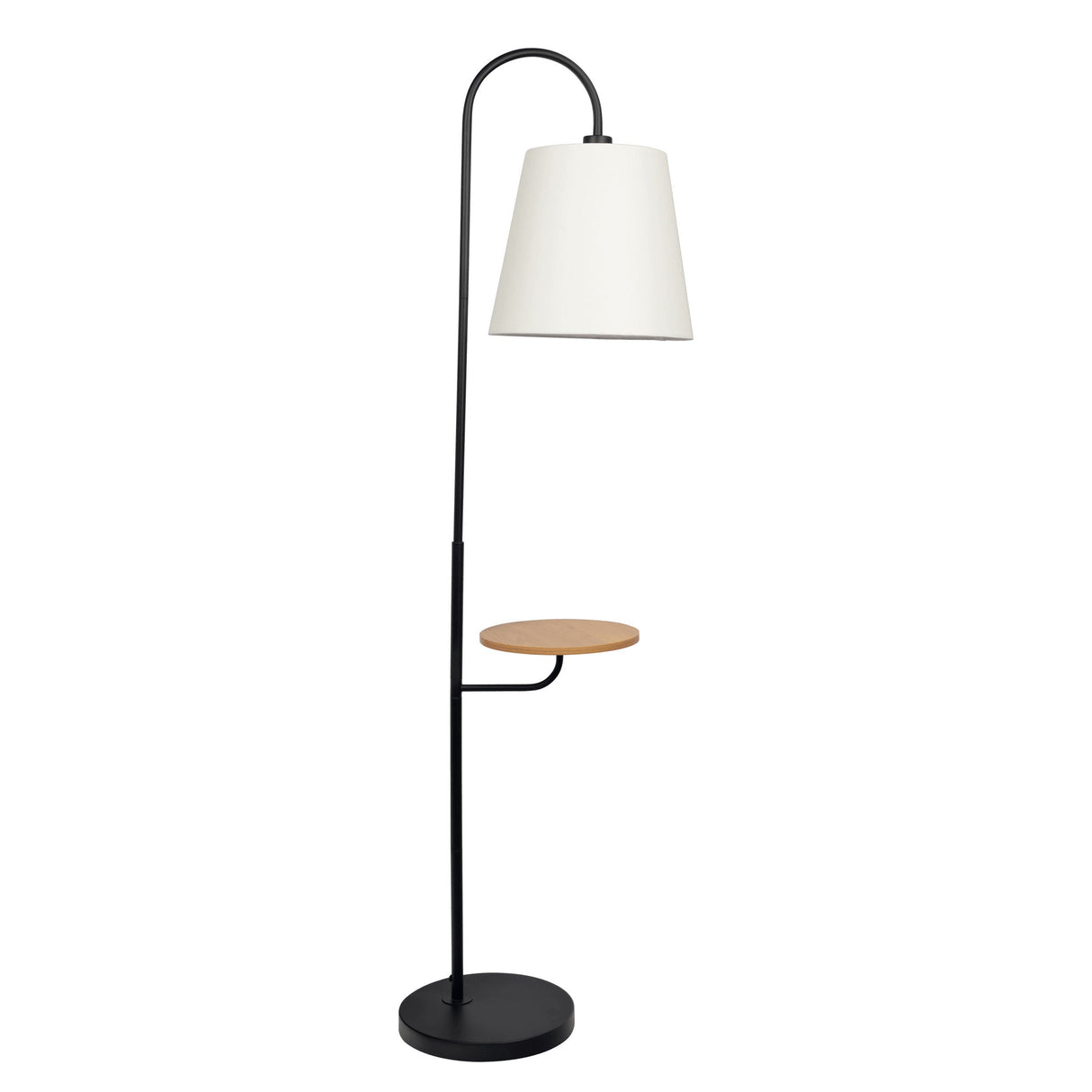 The Seoul Floor Lamp features a black metal stand with a curved arm, a white lampshade, and a mid-height circular wooden shelf. It includes a round black base and comes with a rotary switch.