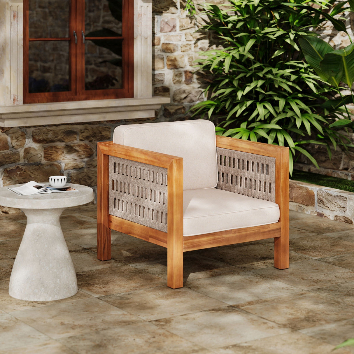 Outdoor Club Chair with Rope Arm and Cushions - Beige / Teak