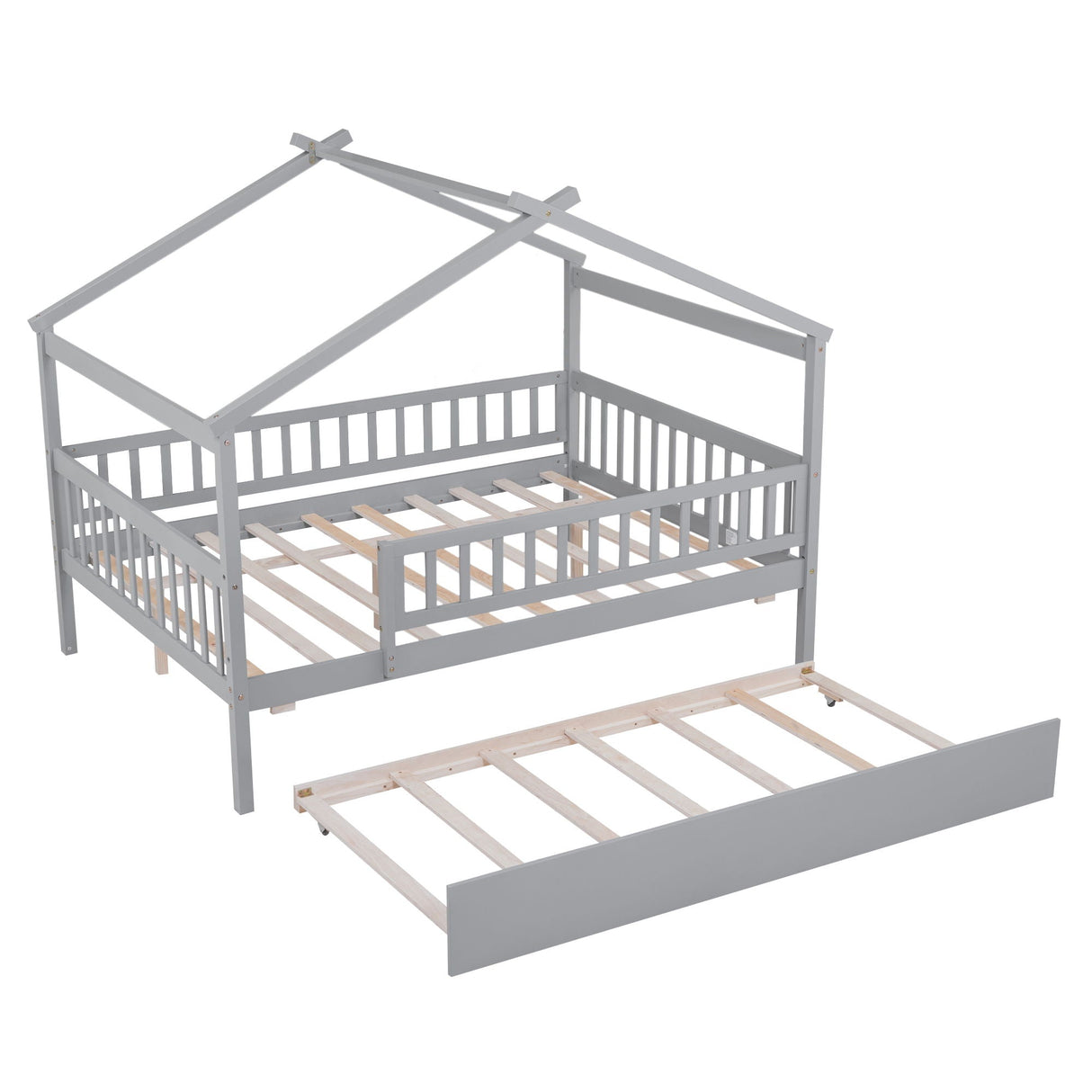 The Creativity House Bed features a gray, house-shaped twin frame with slatted railings and a roof-like top. It includes an unassembled wooden pull-out trundle beneath, all displayed on a white background.