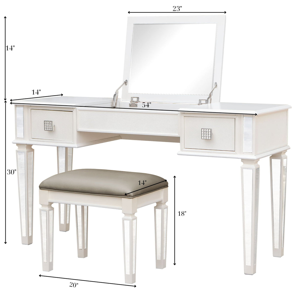 Mirrored Vanity Desk With Drawers And Stool, Flip Up Dressing Table Set For Makeup Room by Couch.com
