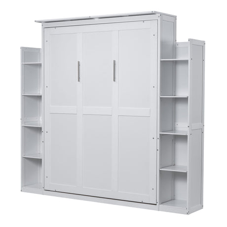 The Wall Murphy Bed With Shelves And LED Lights features a white design with closed vertical panels and sleek handles, complemented by side shelves with multiple open compartments for storage. Its modern and space-saving style integrates seamlessly into any room.