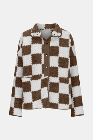 Elegant Checkered Snap Down Long Sleeve Teddy Jacket Soft & Warm Colorful Jacket