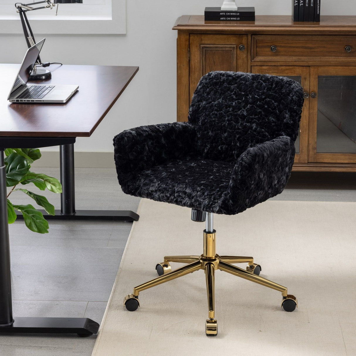Office Chair, Artificial Rabbit Hair Home Office Chair With Golden Metal Base, Adjustable Desk Chair Swivel Office Chair, Vanity Chair by Couch.com