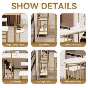 3 Piece Bar Table And Chairs Set, Modern Kitchen Bar Height Dining Table Wood Breakfast Pub Table With Base With Shelves, Glass Rack, Wine Bottle Rack, With 2 Bar Stools - White / Gold by Couch.com