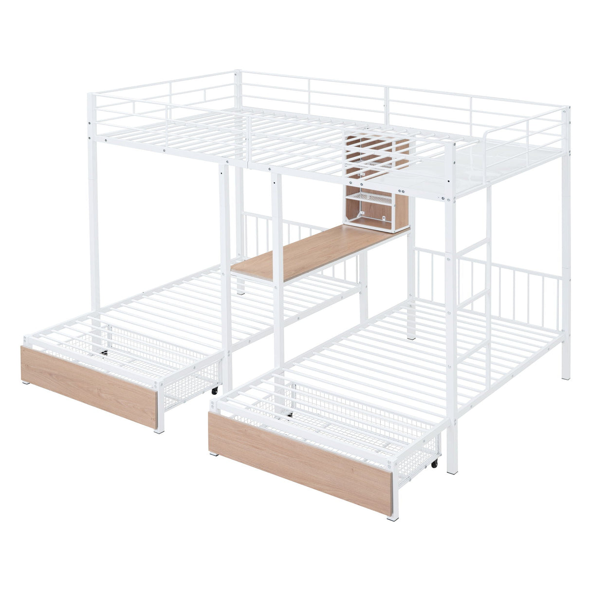 Triple Bunk Bed With Drawers, Multi-Functional Frame With Desks And Shelves In The Middle by Couch.com