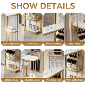 Modern White Kitchen Bar Height Dining Table Wood Breakfast Pub Table With Base With Shelves, Glass Rack, Wine Bottle Rack - White / Gold by Couch.com