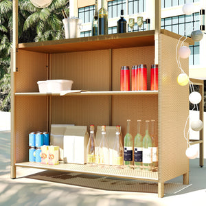 Hawaiian-Style Bar Height Patio Set With PE Grass Canopy, Outdoor Bar Table And Stools With Adjustable Feet, Acacia Wood Top, For Dining And Drinking - Natural by Couch.com