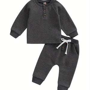 Toddler Thicken Waffle Clothes Set Boy Girls Buttons Round