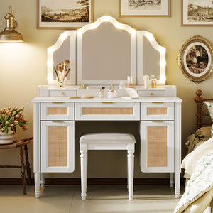 44.37' Makeup Vanity Desk with Stool Set, 13 Hollywood Bulbs & 3 Lighting Modes Dressing Table, Tri-Fold Mirror Large Vanity Table with Cushioned Stool, Charging Station, Ample Storage, White