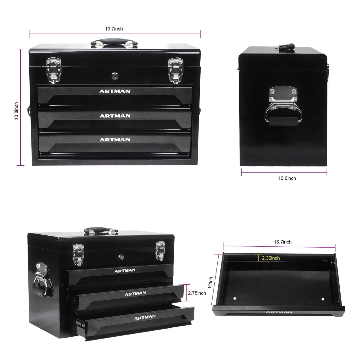 Portable 3 Drawer Steel Toolbox, 4 Layers Of Tools With Metal Latches, With Storage Tray And Carrying Handle by Couch.com