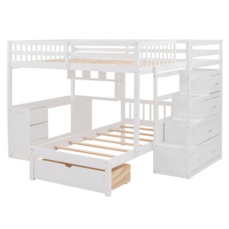 The Bunk Bed With Desk, Drawers, And Shelves includes a white wooden bunk bed set featuring a built-in desk, staircase with integrated drawers, an under-bed storage drawer, and is displayed unadorned without mattresses.