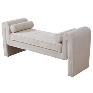 The Regent Bench in cream boasts a minimalist design, with a long rectangular seat, two cylindrical bolster pillows, and distinctive U-shaped armrests and legs.