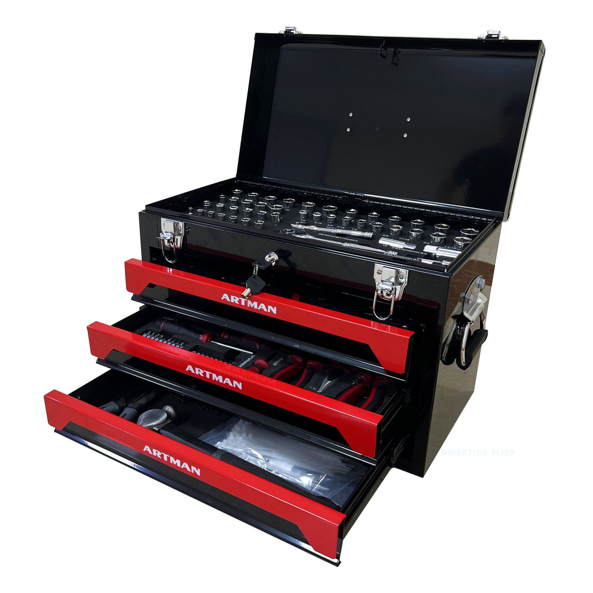 Portable 3 Drawer Steel Toolbox, 4 Layers Of Tools With Metal Latches, With Storage Tray And Carrying Handle by Couch.com