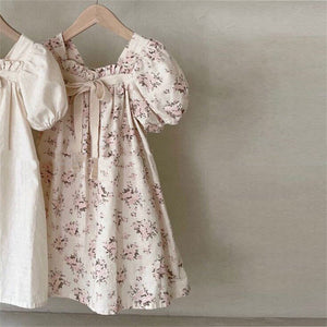 Girls Bow Bubble Sleeve Floral Square Neck Dress