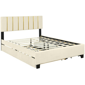 Upholstered Platform Bed With 2 Drawers And 1 Trundle, Classic Strip Headboard Design by Couch.com