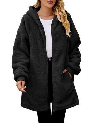 Comfortable Fuzzy Pocketed Zip-Up Long Sleeve Hooded Jacket Cozy & Warm Soft Outerwear For Winter