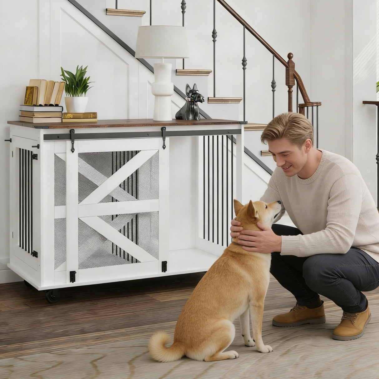 Mobile Dog Crate with Flip Top Feeding Door, Dual Access & 5 Caster System