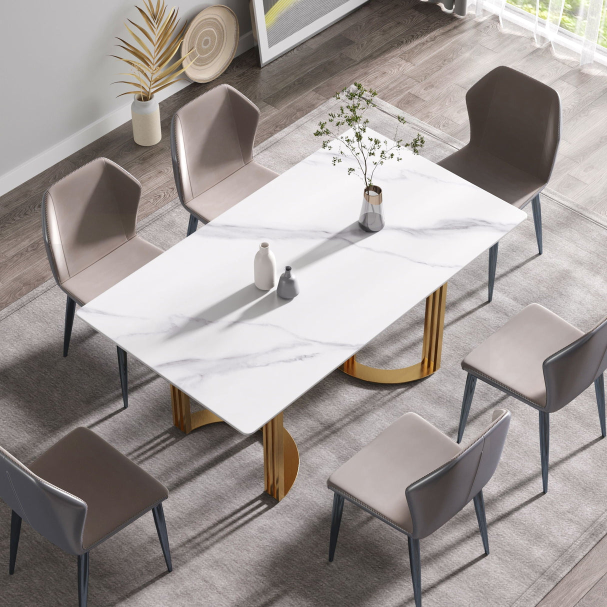 63" Modern Artificial Stone Straight Edge Metal Leg Dining Table, 6 People - White / Gold by Couch.com