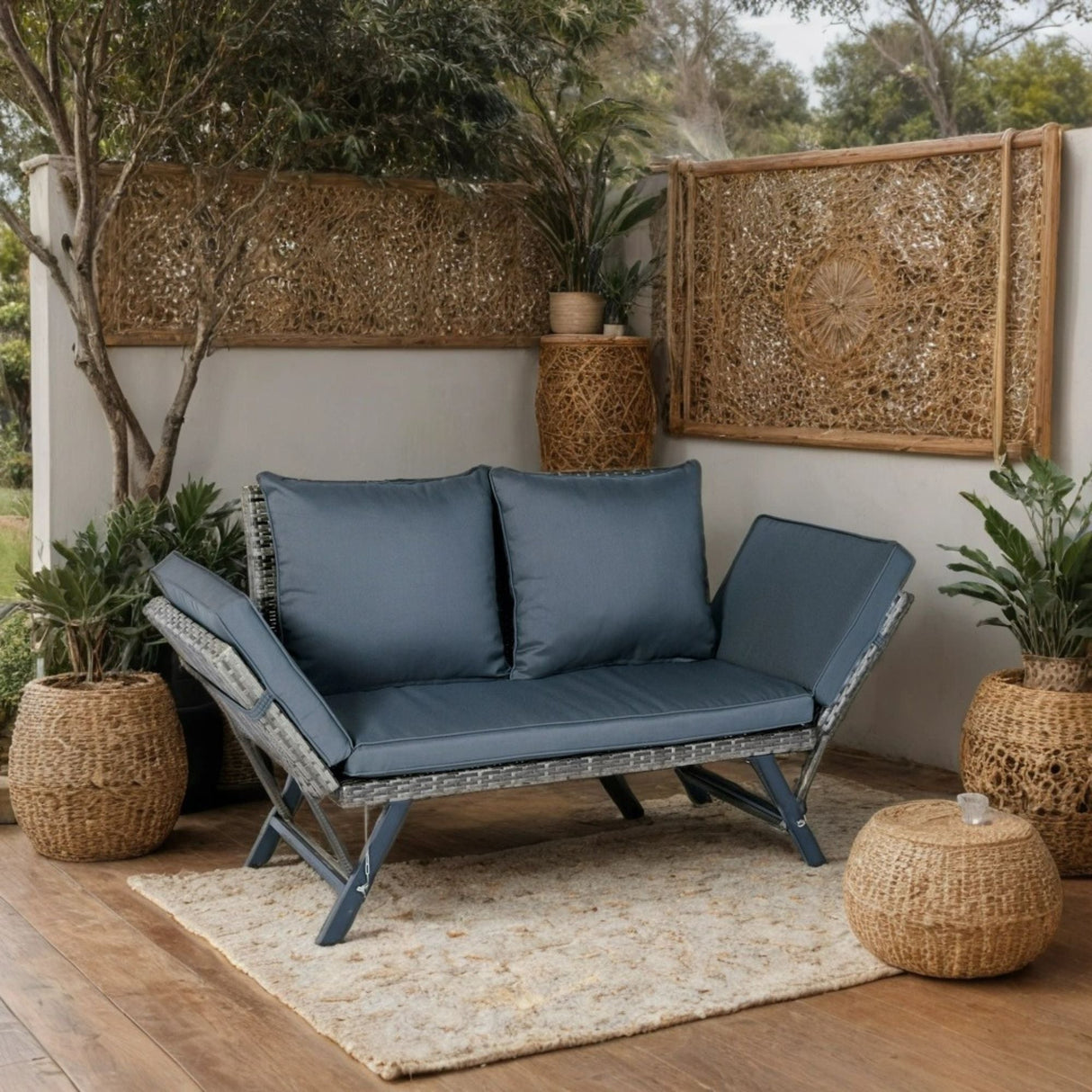 1 Pieces Patio Wicker Side Foldable Bench Patio Backyard Conversation Bench Gray Wicker - Dark Gray