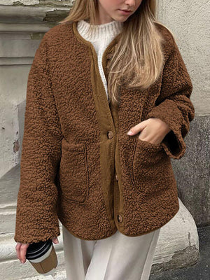 Modern Cozy Women Luxuriously Cozy Contrast Button Up Sherpa Jacket with Pockets For Fall & Winter