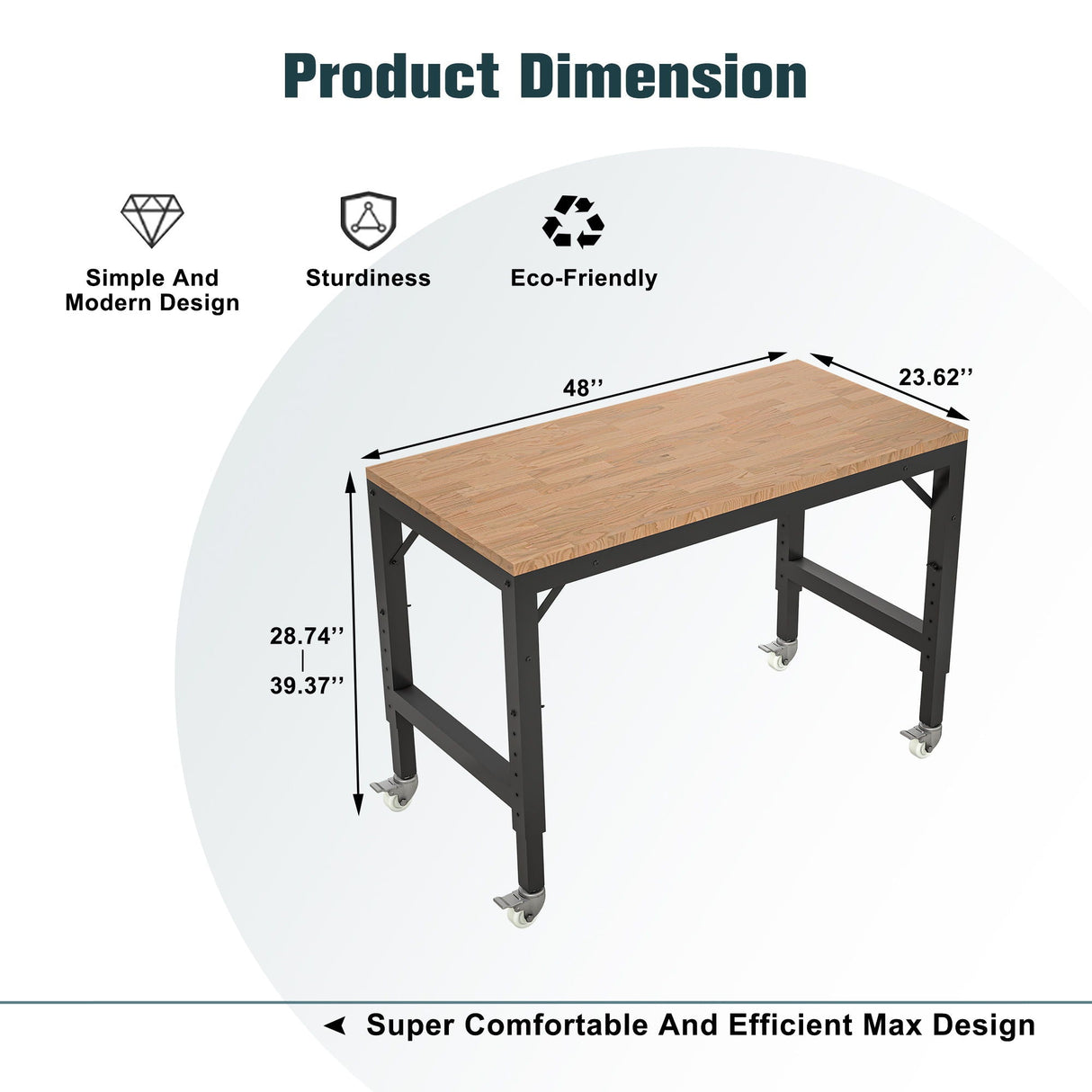 Heavy Duty Adjustable Workbench For Garage, Rubber Wood Shop Table WithMetal Wheels, Hardwood Workstation Weight Capacity Over 2000 Lbs With Wheels - Black by Couch.com