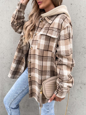 Vintage Retro Style Women Camel Plaid Button Up Jacket with Removable Hood Classic & Cozy Everyday Wear
