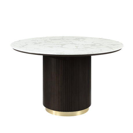 The Clayten Around Dining Table features a white marble top and a cylindrical ribbed espresso base with a golden accent, offering a modern and elegant design.