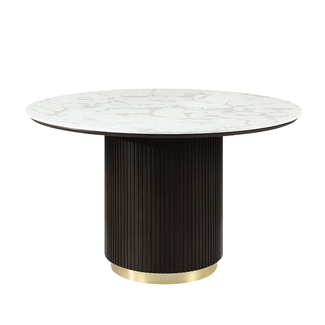 The Clayten Around Dining Table features a white marble top and a cylindrical ribbed espresso base with a golden accent, offering a modern and elegant design.