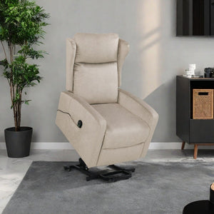 A light gray power lift recliner chair, adjustable with remote control and side pocket, is on a gray carpet in a modern living room. To the left is a tall green plant in a black pot, and to the right is a black cabinet with wicker baskets. The walls are light gray.