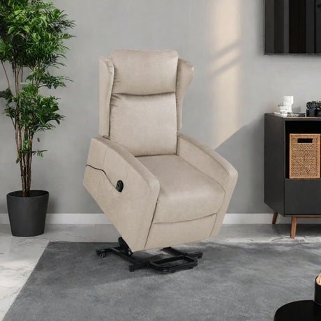 A light gray power lift recliner chair, adjustable with remote control and side pocket, is on a gray carpet in a modern living room. To the left is a tall green plant in a black pot, and to the right is a black cabinet with wicker baskets. The walls are light gray.