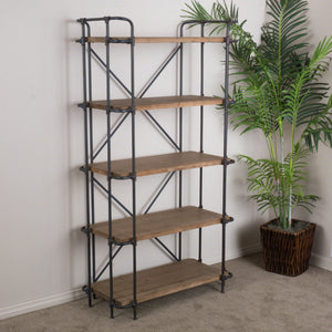 Yorktown Industrial 5 Shelf Bookcase with Metal Pipework and Solid Fir - Natural