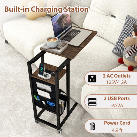 C-shaped End Table with Charging Station and Retractable Tabletop-Coffee
