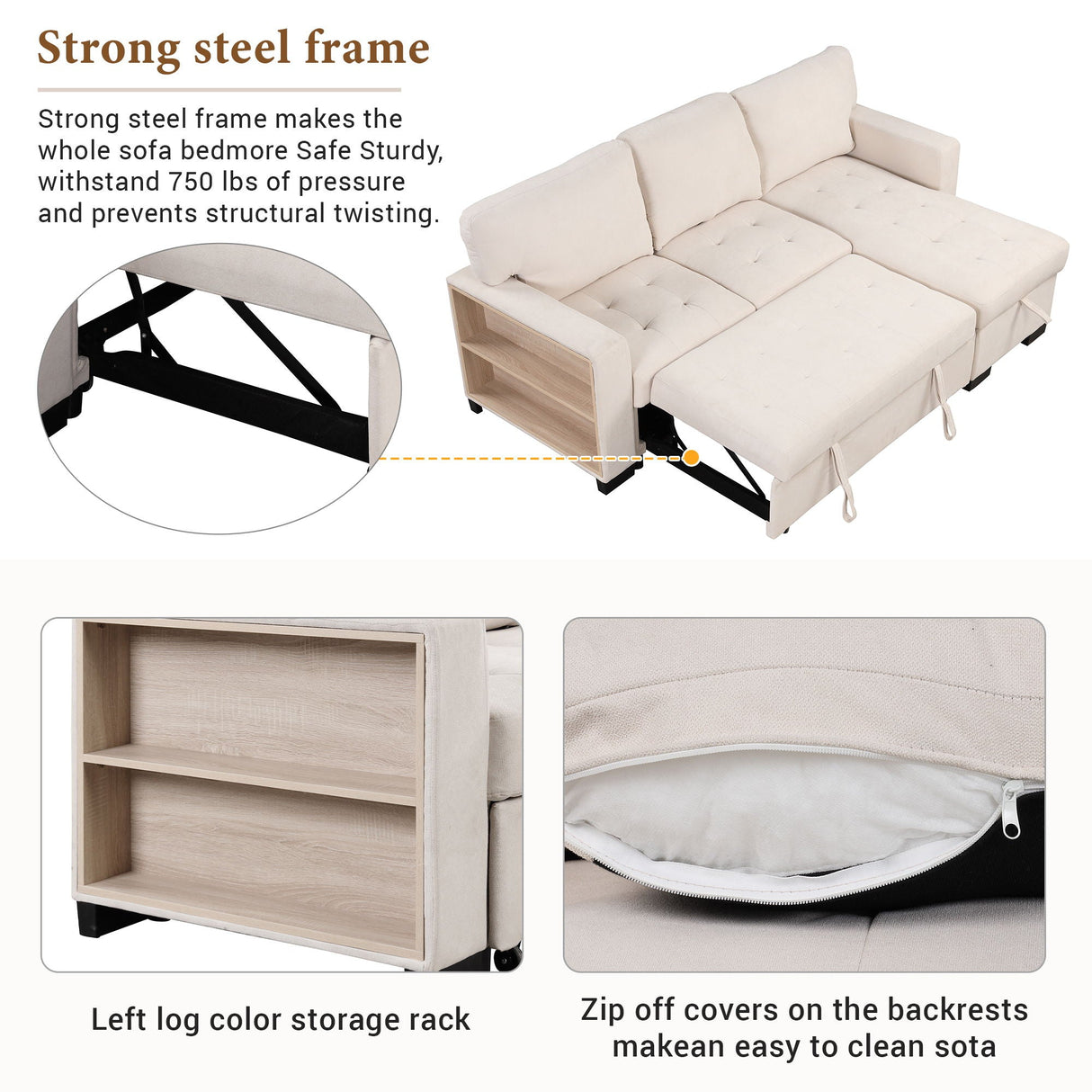 Stylish And Functional Light Chaise Lounge Sectional With Storage Rack Pull-Out Bed Drop Down Table And USB Charger by Couch.com
