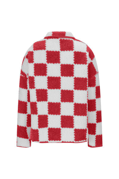 Elegant Checkered Snap Down Long Sleeve Teddy Jacket Soft & Warm Colorful Jacket