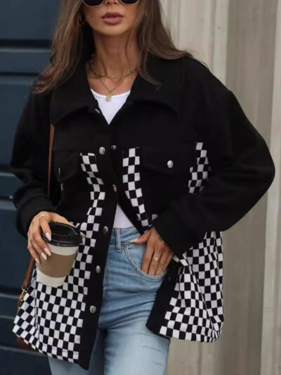 Black Checkered Snap Down Long Sleeve Jacket Stylish & Functional Buttoned Outerwear