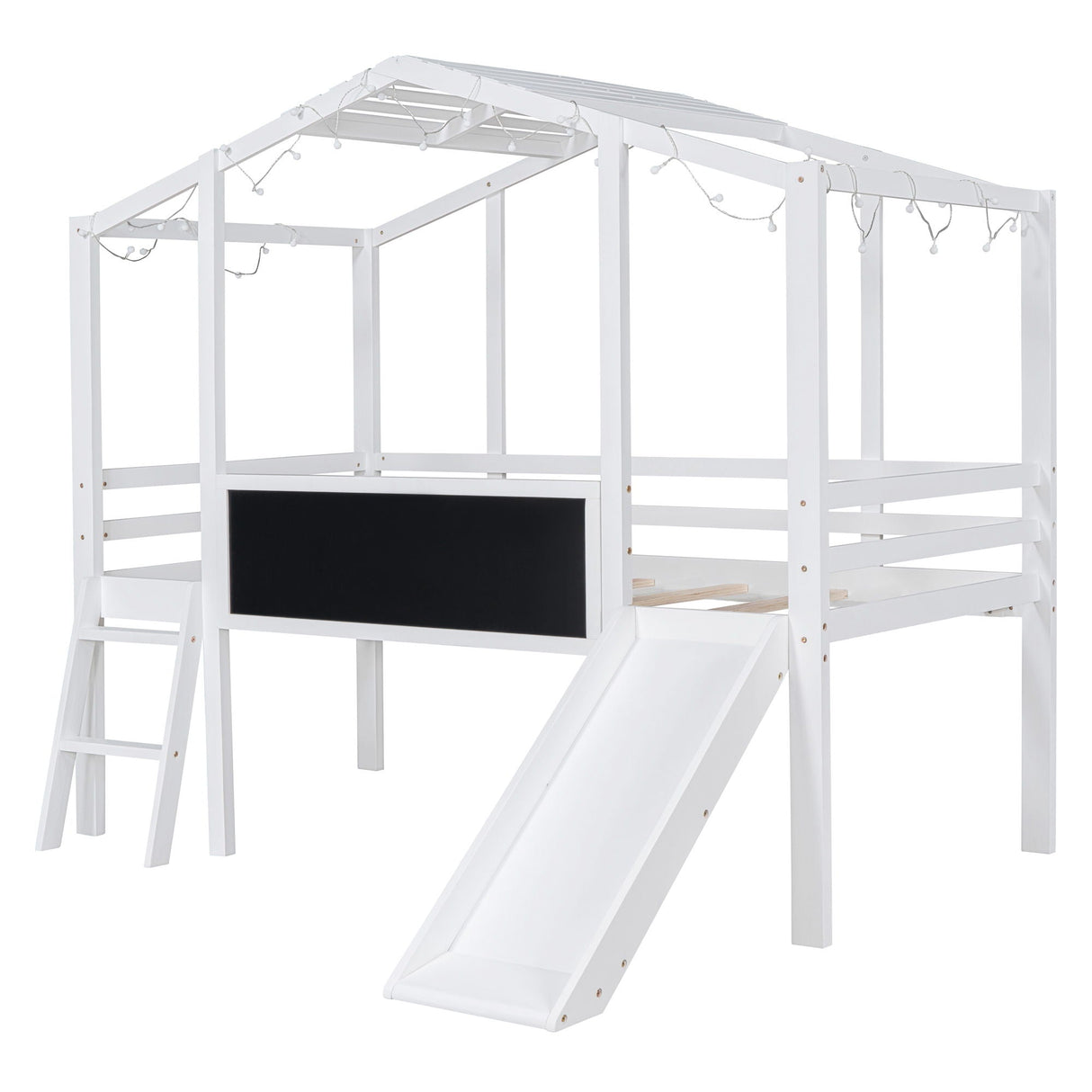 Loft House Bed With Ladder And Slide, With Blackboard And Light Strip On The Roof by Couch.com
