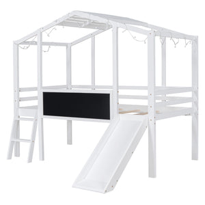 Loft House Bed With Ladder And Slide, With Blackboard And Light Strip On The Roof by Couch.com
