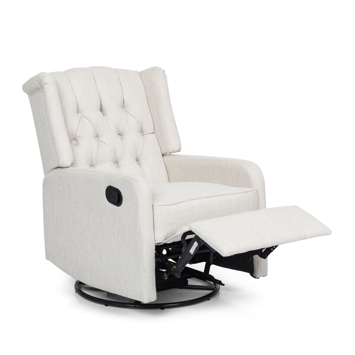 The Classic Design Manual Recliner Chair features a light beige color with a tufted backrest and extended footrest. It includes a 360-degree swivel base and padded armrests, offering comfortable and stylish seating.