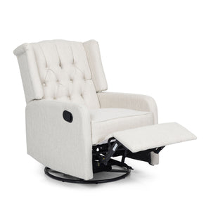 The Classic Design Manual Recliner Chair features a light beige color with a tufted backrest and extended footrest. It includes a 360-degree swivel base and padded armrests, offering comfortable and stylish seating.